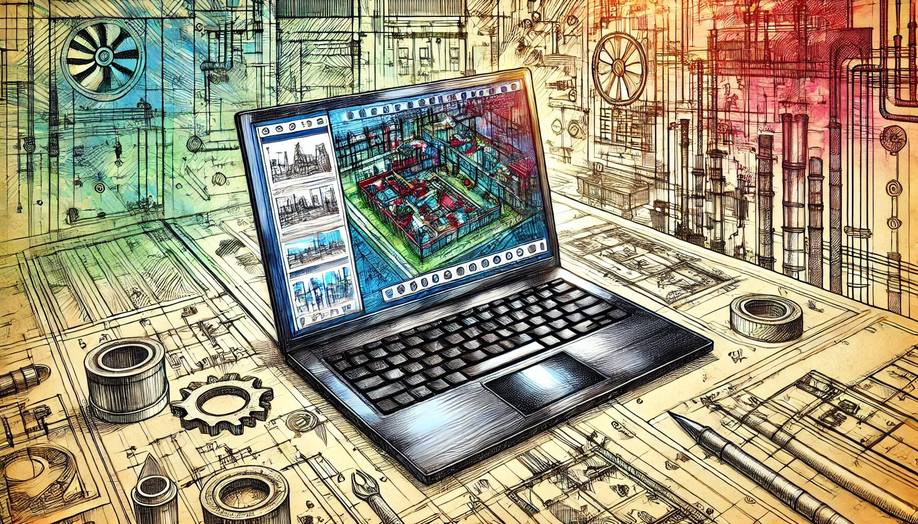Laptop displaying a 3D design with technical drawings in the background, merging digital and technical creativity Laptop showing a 3D design set against an illustration showing technical drawings